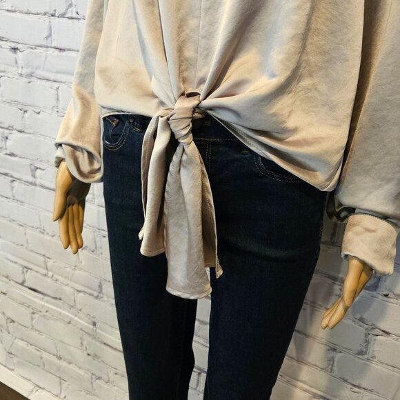 KAREN KANE - Satin front tie long sleeve taupe coloured blouse - Picture 7 of 10